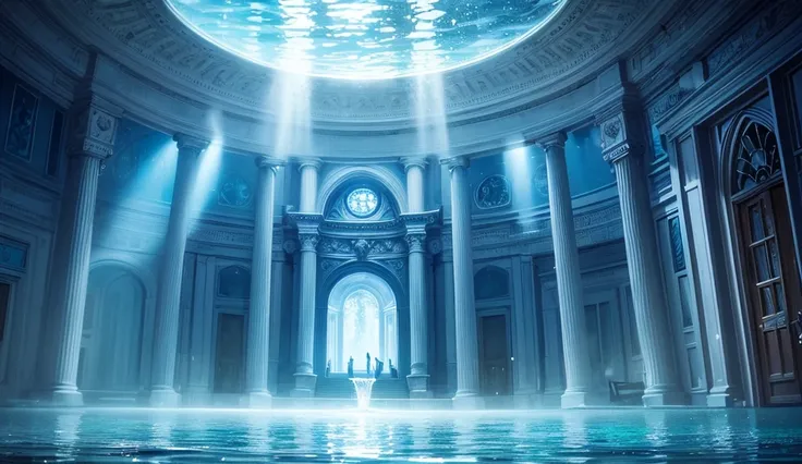 Create an image of a School of Water Magic. It should be enormous and underwater, with a visible exterior. The school should have many windows, and an entrance that displays the letters ACE. The setting must clearly be underwater."