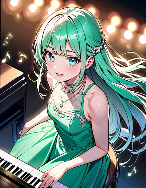 (8K, best quality, master piece: 1.2),Ultra High Resolution,1 girl,16yo,solo,ultra-detailed face,detailed eyes,blue eyes,mascara,shiny platinum hair,long hair straight hair,mint green evening dress,double necklace,from above,happy,(floating Colorful musica...