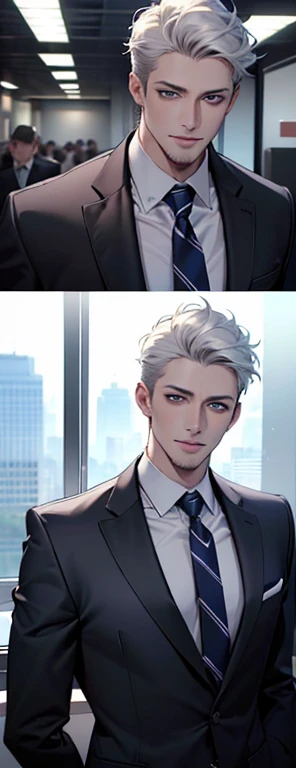 (best quality,4k,8k,highres,masterpiece:1.2),ultra-detailed,(realistic,photorealistic,photo-realistic:1.37),1 man,31 years old,mature man,very handsome,without expression,smile,short white hair,blue eyes,penetrating gaze,perfect face without errors,imposin...