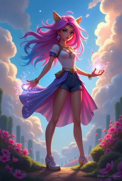  create an image of the character Zoe from League of Legends with a realistic human appearance, colorful hair, using your powers and walking through a fun setting 