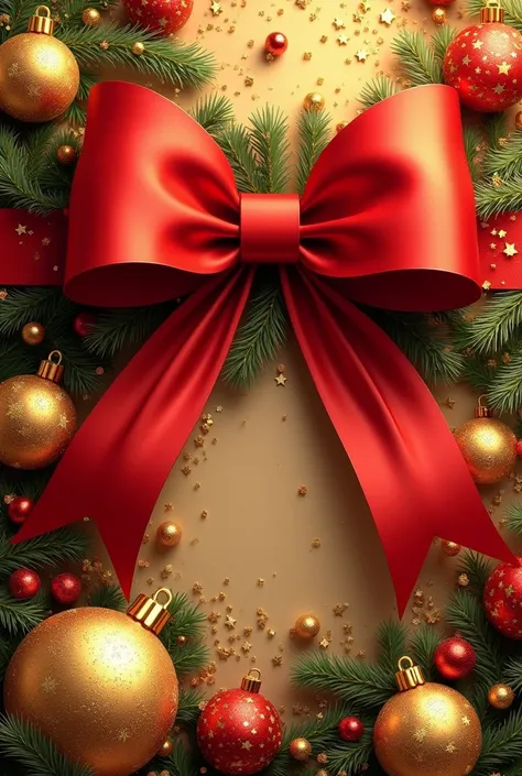 a Christmas flyer  with a bow and gold ornaments, christmas ornaments