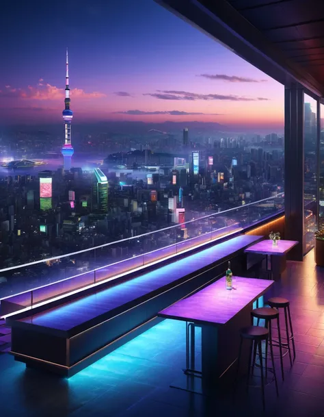  arafed bar view with city view ,  bar illustration / laze , installed on the roof of Tokyo ,  laze  background,  relaxing concept art ,  neo-noir setting , Concept -art zveropolis, background art ,  on the future Tokyo Knight roof ,  concept art amazing a...