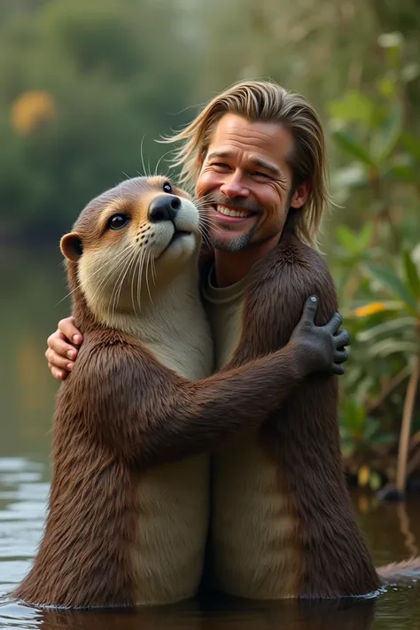 Image réaliste dune Loutre qui embrasse Brad Pitt 