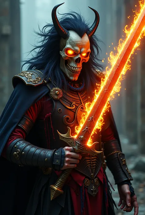  A villainous man with the face of a skull ,  with yellow eyes that set off fire ,  with big black hair and blue wigs .  He has a crown of teeth on his head and his mouth is a vultures beak.  With black and red leather suits . With blood on his clothes ,  ...