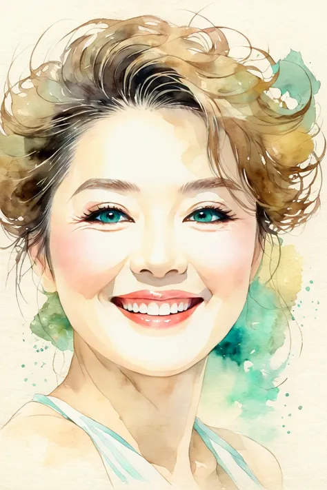 Watercolor、 old paper texture、Damaged Paper、Old style、Faded colors、composition、Golden Ratio、Functional、grace、 Details 、background、Soft colors、 Blurry Lines
Fujisaki Ayano, 48 years old, round face,  firm skin,  Teal Eyelids,  fine lines of laughter ,  eleg...