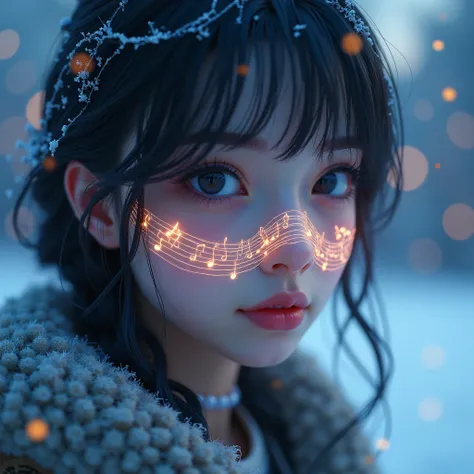 A frozen chaotic horizontal lines, web of glowing lines looking like a musical stave, five-line staff, frozen musical clef and notes, frozen winter landscape with snow, cozy lights, evening, 1girl, beautiful detailed eyes, beautiful detailed lips, extremel...