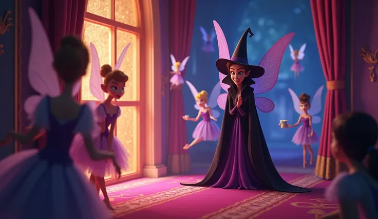 " A dramatic 3D Disney style scene ,  showing a group of cheerful fairies floating around a bright hall ,  as a sinister fairy ,  dressed in black and purple ,  is seen outside , peeking out the window .  She has an angry look and a dark aura ,  standing o...