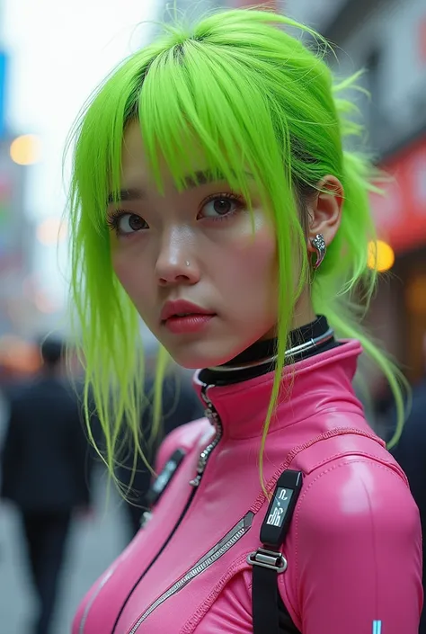 A Korean woman with bright neon green hair that falls messily over her face. She has a serious and thoughtful expression. She wears a tight pink outfit that seems to be made of technological materials, with metallic elements and lighting details. The backg...