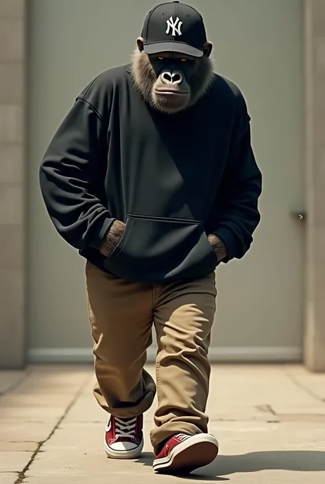  detailed realistic image of a gorilla wearing a black sweatshirt (file:///c:/users/user/Desktop/ 9b8200c8-bd38-42f9-b1a9-a289df49e67a .jpg)  With capus beige brown jeans , tenis da marca Dc shoes cor bordo,  straight flap cap of the Yankess baseball team ...