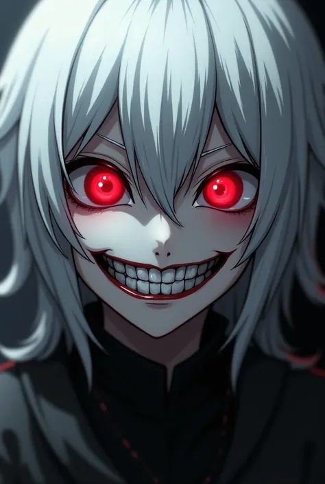 A very hot white-haired, red-eyed, white-haired anime character
Like a sadistic smile 
