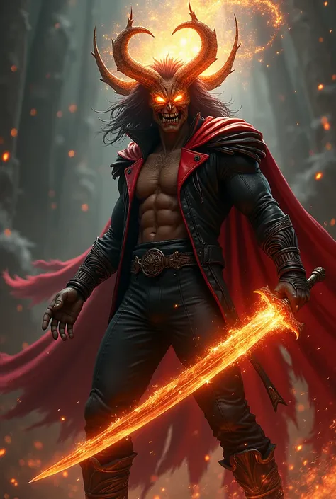 A Villainous Man,  with a crown of bones on his head , His eyes come out fireworks ,  his hair is black and large and flames come out,  he wears a black and red leather suit .  He has a sword that releases fire 