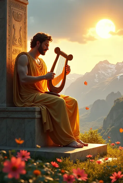 A majestic Greek god, Apollo, bathed in radiant sunlight, sits gracefully on a marble throne adorned with intricate carvings of lyres and musical notes. His golden robes shimmer as he plays a glowing lyre, surrounded by floating motes of light. Around him,...