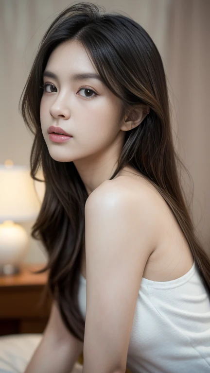 realistic, ultra detailed, whole body photo display, a 23 year old girl, wearing v shaped top and shorts, naughty expression, no makeup, bare face, beautiful face, sweet face, hands 1:3, ((small breast, perfect round :1.1)), perfect color grade, shot taken...