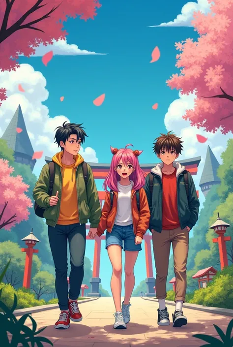 group of three teenage friends together in a manga style park