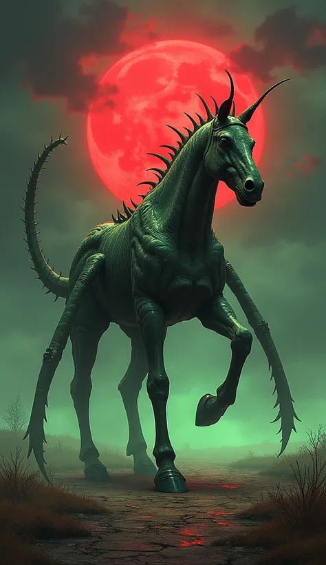 Create a terrifying hybrid that merges the features of a Horse and a Grasshopper into a single, monstrous entity with a seamless and dangerous design. This creature has the powerful, muscular body of a Horse, but its legs are elongated and segmented like a...