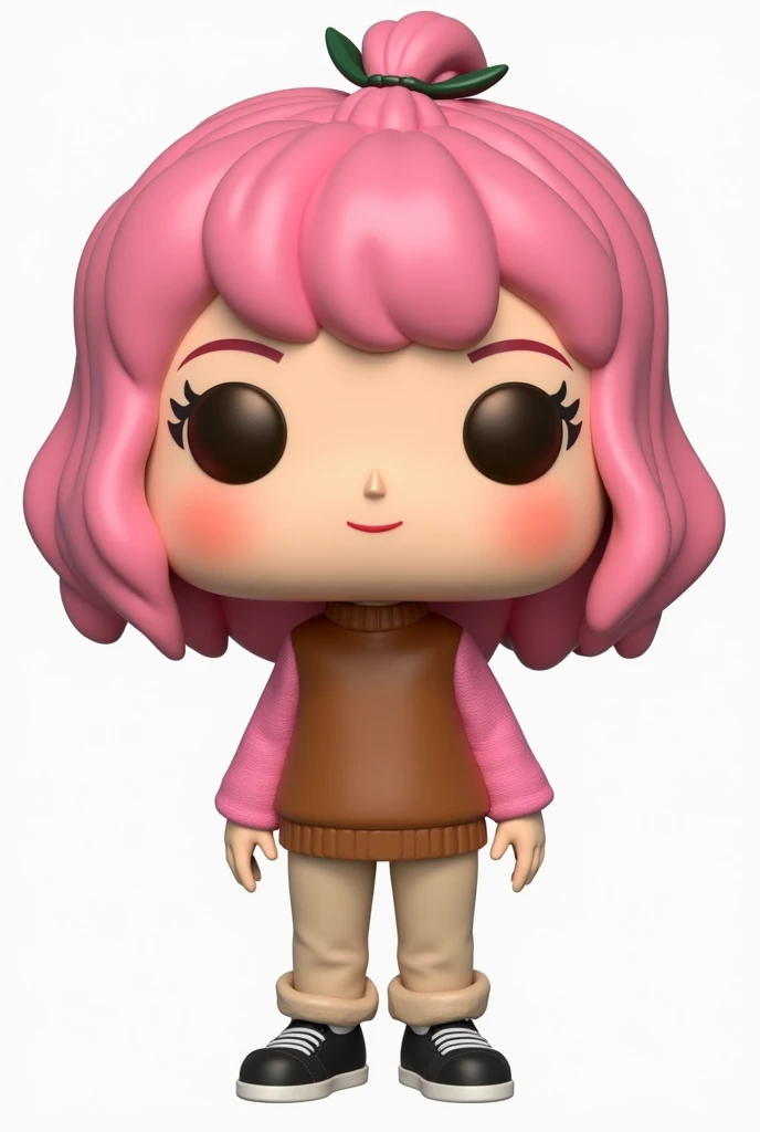  Funko design of a sweet and innocent  girl has pink hair , brown eyes ,  beige pants ,brown and pink sweater and black sneakers 