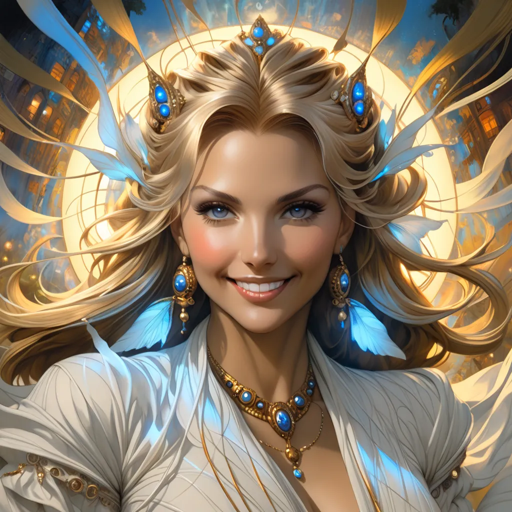 hyperrealistic surreal and fantasy composition perfect and dynamic digital painting, portrait of incredibly beautiful smiling wo...