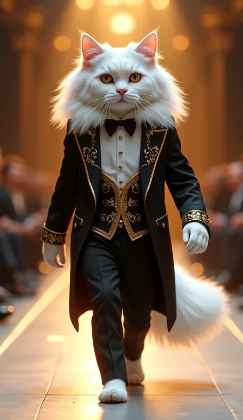 A white Persian cat, standing erect, wearing a black tuxedo with gold details, strutting gracefully down the illuminated catwalk
