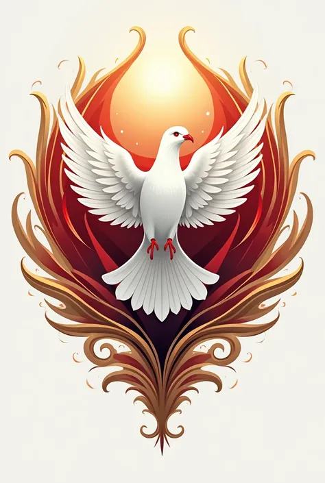 a logo with red ,  white and gold colors with a white dove representing freedom and the name Padom