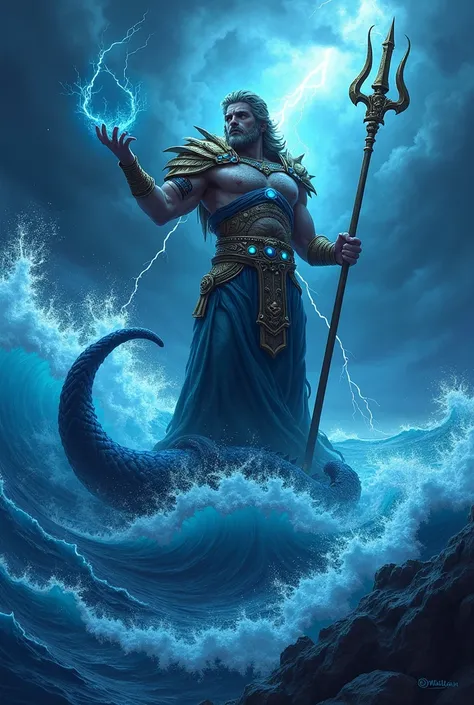 A formidable Greek warrior, standing triumphantly atop crashing ocean waves that glow with bioluminescent blues. They wield a trident crackling with Poseidon’s energy, their armor adorned with seashell motifs and glowing sapphire gemstones. Mythical sea cr...