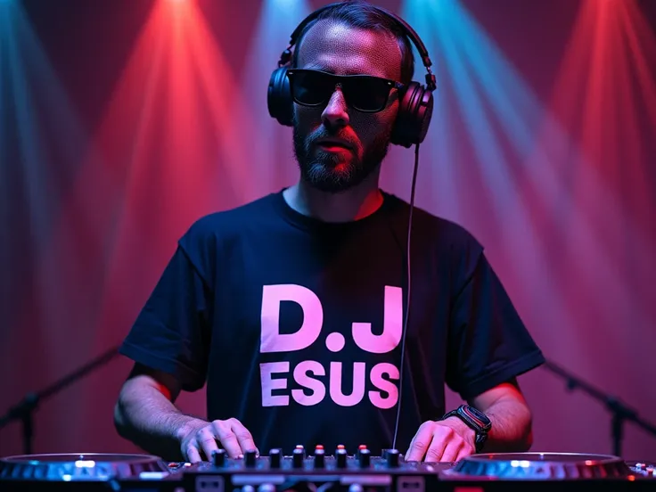 A DJ dome with sunglasses and a T-shirt that says DJ ESUS