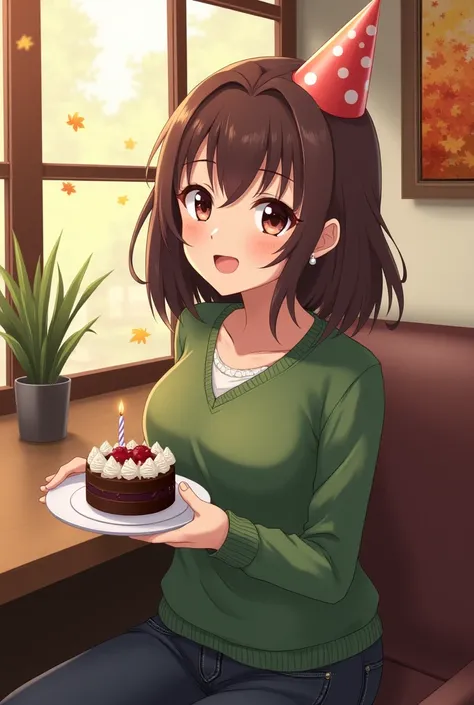 Anime character girl, brown hair, medium length hair, wavy hair, no bangs, side hairstyle, brunette, smiling, dark brown eyes, green V-neck sweater, dark raw jeans, pearl earrings, small thin necklace, Its her birthday, shes wearing a little party hat on h...