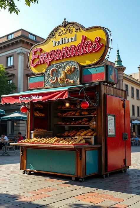  A large kiosk ,  of Venezuelan empanadas .  With a style between the old (1970) and the modern  (2024)