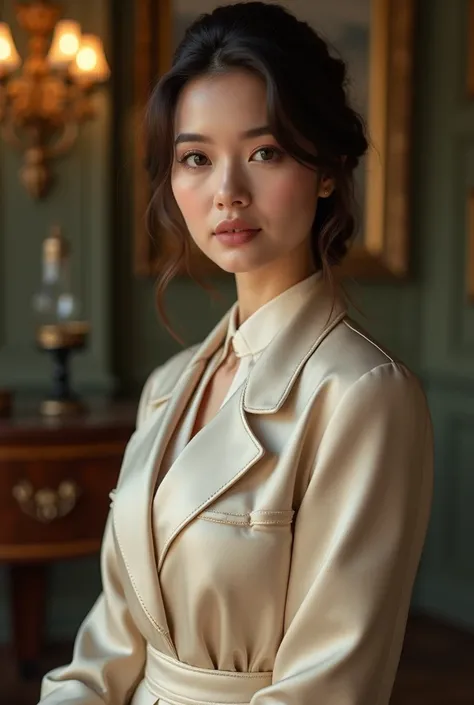 Create an image of a Pakistan-Korean woman wearing elegant old money style clothing. She should exude sophistication and grace, with her black to brown hair styled in a classic and refined manner, such as in soft waves or a sleek updo. Her eyes should be p...