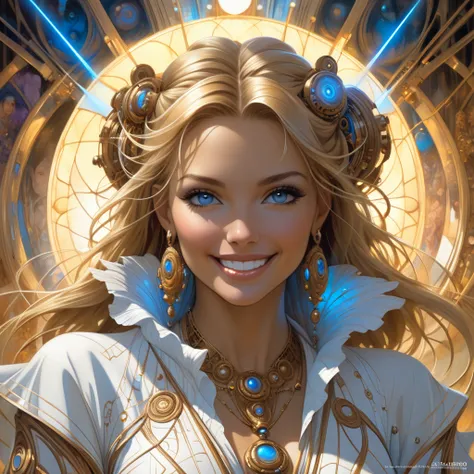 Hyperrealistic surreal and fantasy composition Perfect and dynamic digital painting, portrait of incredibly beautiful smiling woman, luxurious blond hair fluttering, black light atmosphere, style of Jose Royo, Boris Vallejo, Carne Griffiths, Vadim Kashin, ...