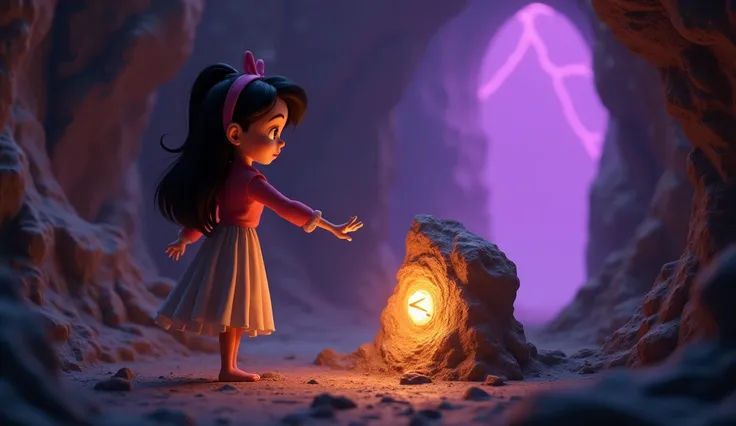 " A mysterious Disney-style 3D scene ,  showing the teenage princess in an environment illuminated by a soft golden light. in the center,  an ancient rock with a glowing needle attracts your attention . The princess, with curious expression, Reach out to t...