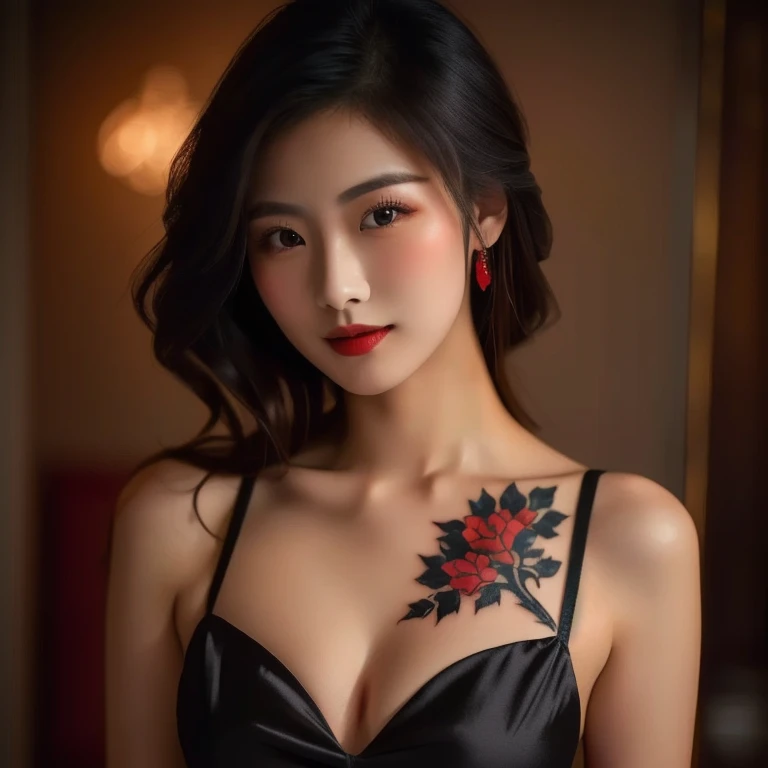 a close up of a woman Have a tattoo on her chest, of taiwanese girl Have a tattoo, beautiful Asian girl,  beautiful Chinese model , Beautiful Asian women, , Chinese girl, It has a glossy finish, like glazed tiles,  Asian Features  , Asian girl, Japanese mo...