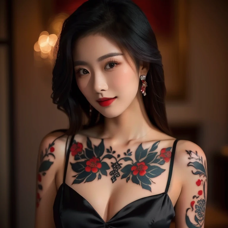 a close up of a woman Have a tattoo on her chest, of taiwanese girl Have a tattoo, beautiful Asian girl,  beautiful Chinese model , Beautiful Asian women, , Chinese girl, It has a glossy finish, like glazed tiles,  Asian Features  , Asian girl, Japanese mo...