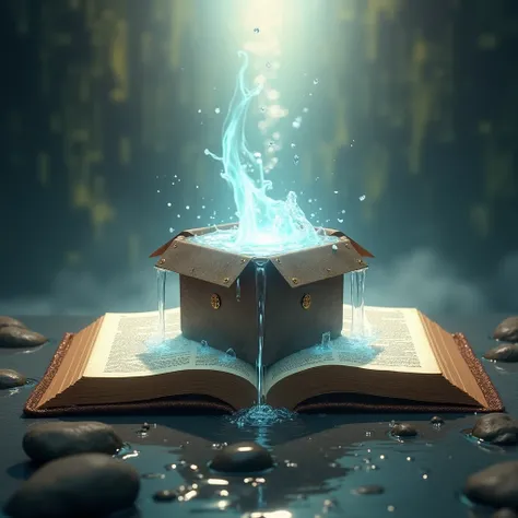 an open bible, on top of the bible a box filled with overflowing water.