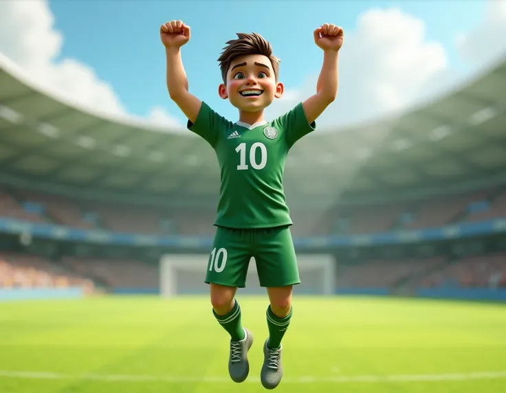 Masculine boy,  soccer player, Jumping up celebrating goal wearing green blouse and shorts with white number 10 details on the uniform, in 3D