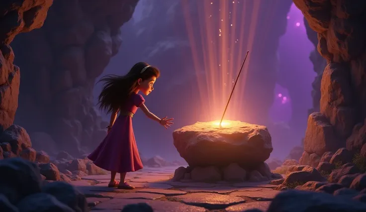 " A mysterious Disney-style 3D scene ,  showing the teenage princess in an environment illuminated by a soft golden light. in the center,  an ancient rock with a glowing needle attracts your attention . The princess, with curious expression, Reach out to t...