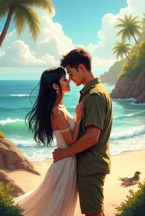 My boyfriend and I with a landscape on the beach he is a tall military man with fair skin brown eyes and I am trigueña long black hair straight thick lips brown eyes 
