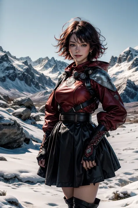 srwby, short hair, black hair, red hair, t-shirt, skirt, boots, gradient hair, grey eyes, outdoors, standing, smile, (cowboy shot), dynamic pose, hands on hips, standing with a crowd on a mountain top, snow, in the distance a small town sits in a valley, i...