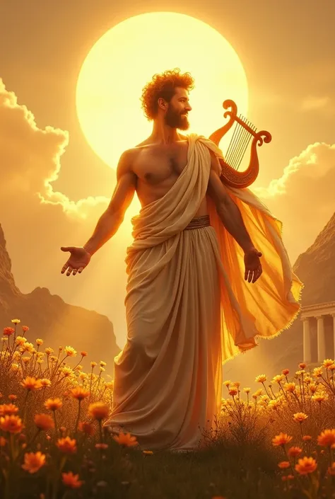 A radiant Greek god, Apollo, stands tall and proud, bathed in golden sunlight. His flowing robes shimmer like molten gold, and he holds a glowing lyre in one hand, with divine notes swirling around him in the air. His other hand is outstretched, casting be...