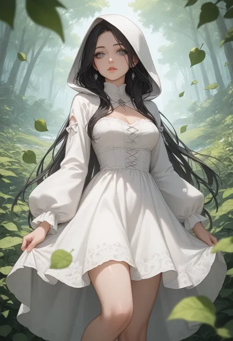 A white-skinned witch with black hair, grey-eyed, Her long hair is covered by a hood, small strands of hair showing, Her fleshy lips, white dress embroidered with oak leaves dress made of white fabric panels, the long transparent sleeves the dress shows a ...