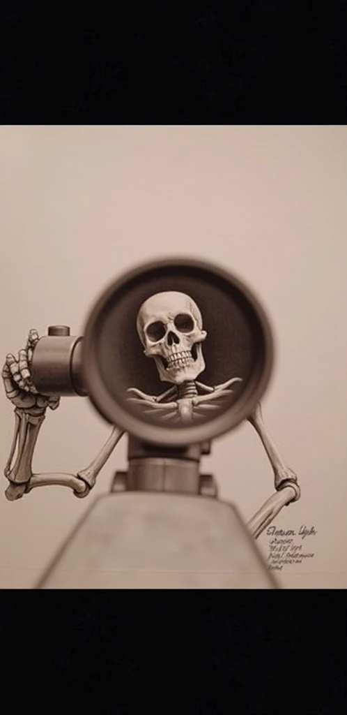 Pencil Drawing.  Skeleton looks through a scope 