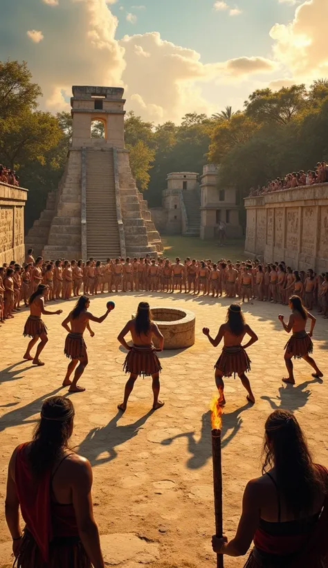 A vibrant scene of a Mayan ballgame being played in a stone ball court surrounded by carved glyphs and towering stone walls. Two teams of players, wearing padded gear and headdresses, hit a rubber ball with their hips toward a circular stone hoop. Spectato...