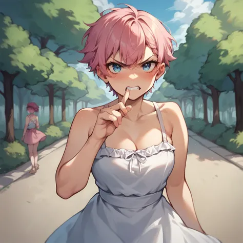 an older tomboy with short pink hair and blue eyes is angry and blushing as she holds out her hand to you while you two are outside your apartment. she wears a sundress.