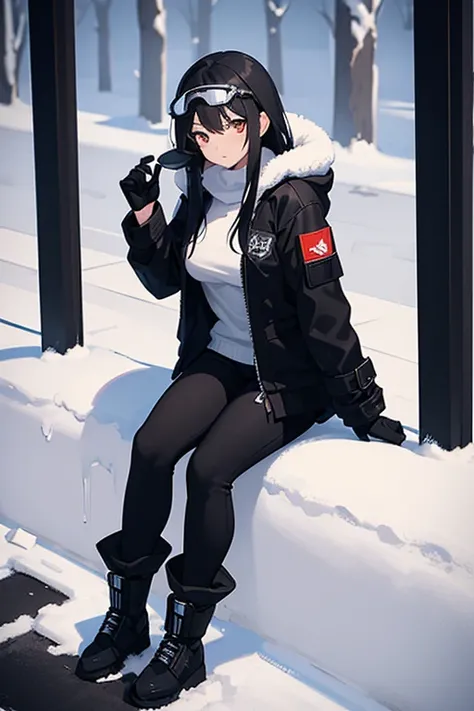 Hot girl, beautiful long black hair,dark brown eyes, snow goggles over her head, black pants, big but medium breasts, A black jacket with Whitefur, long black sheer socks, snow boots, cozy area