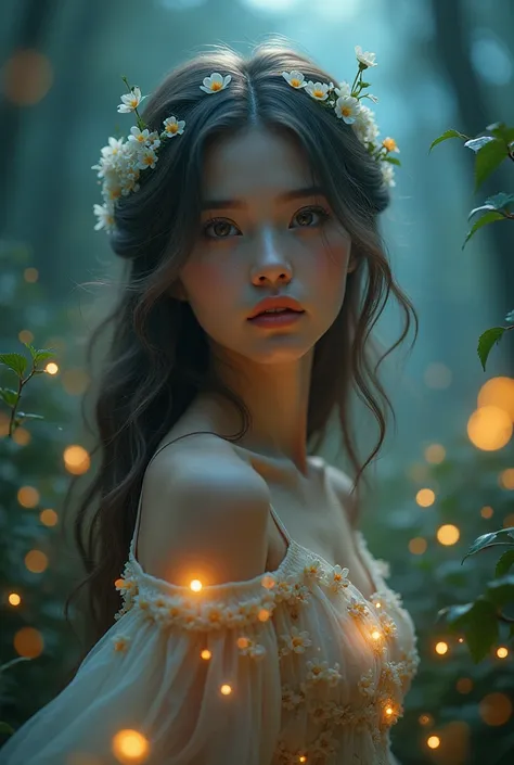 A beautiful girl in an enchanted forest, ethereal, glowing skin, mesmerizing eyes, long flowing hair, flowery dress, serene expression, surrounded by fireflies, magical moonlit night, soft lighting, vibrant colors, dreamlike atmosphere, highly detailed, ph...