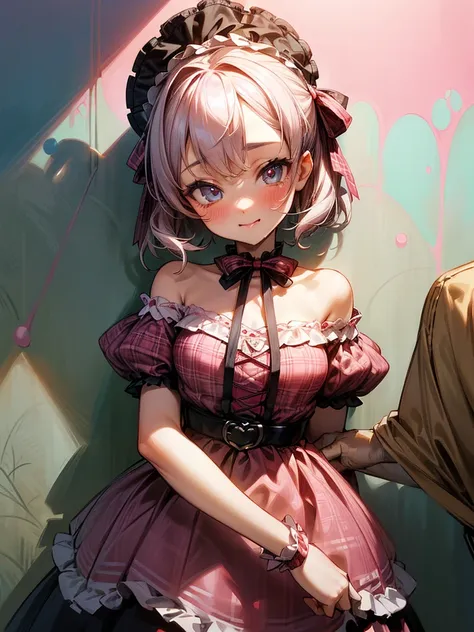 ((masterpiece)), ( best quality), cute, ( 1 girl and 1 uncle), ( Her Uncle Kisses a Girl :1.5), ( Girls Chest on a Colorful Pastel Wall :1.3),Exposed tongue,  open your mouth,  plaid dress, ( Off Shoulder Dress ), Hoop Dress,  Wears a Toy Tiara ,  small br...