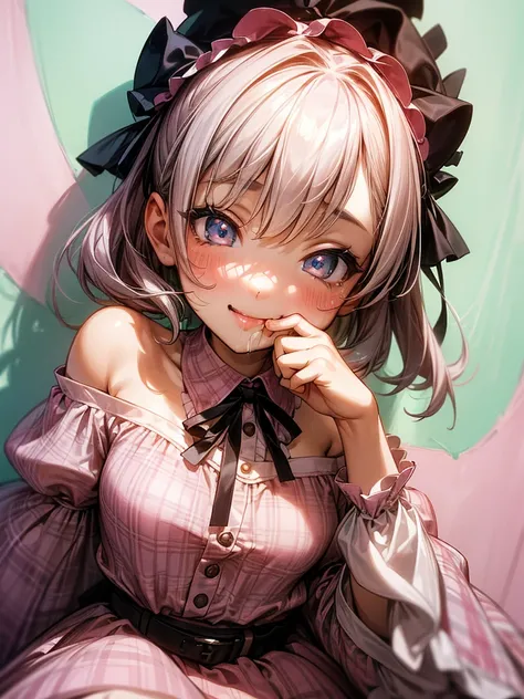 ((masterpiece)), ( best quality), cute, ( 1 girl and 1 uncle), ( Her Uncle Kisses a Girl :1.5), ( Girls Chest on a Colorful Pastel Wall :1.3),Exposed tongue,  open your mouth,  plaid dress, ( Off Shoulder Dress ), Hoop Dress,  Wears a Toy Tiara ,  small br...