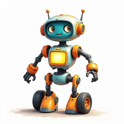 Illustration of a robot in pencil , friendly with bright colors , Chest screen ,  with 2 wheels and its arms being flexible