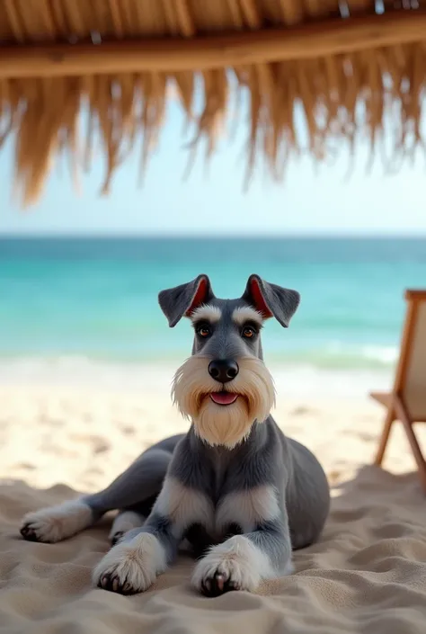 Schnauzer sunbathing on the covered beach 