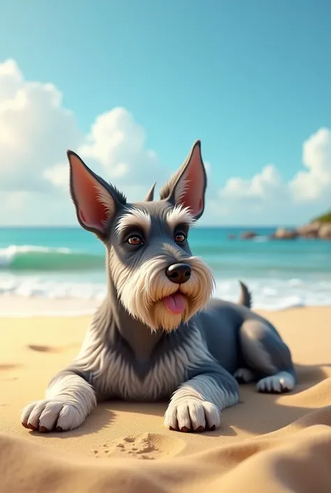 Schnauzer dog sunbathing on the beach 