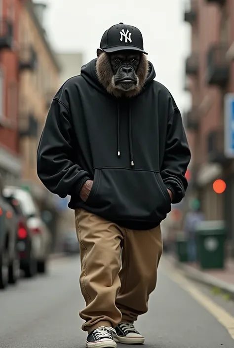 araffe usando um capuz preto and khaki pants walking down a street, um retrato inspirado por Alex Petruk APe, em alta no Pexels, Renascimento, vestindo um moletom grande, usando um capuz preto, vestindo um moletom and sweatpants, vestindo um moletom, vesti...